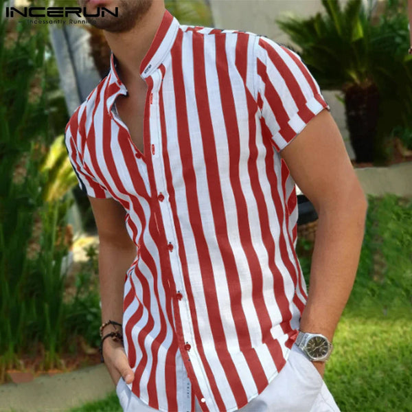Striped Stand Collar Short Sleeve Summer Shirt