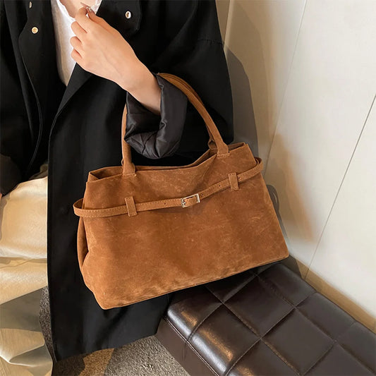 Buckle decorative design faux suede handbag