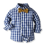 Long Sleeve Plaid Bowtie Tops+Suspender Pants Set