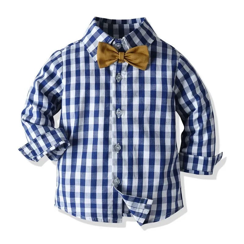 Long Sleeve Plaid Bowtie Tops+Suspender Pants Set
