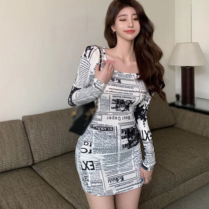 Newspaper Print Square Collar Dress