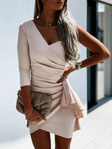 Elegant One Shoulder V Neck Slim Ruffle Dress