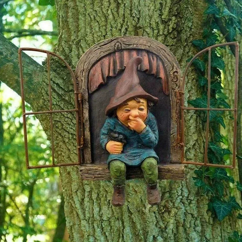 Creative garden gnome statue elf out tree hug