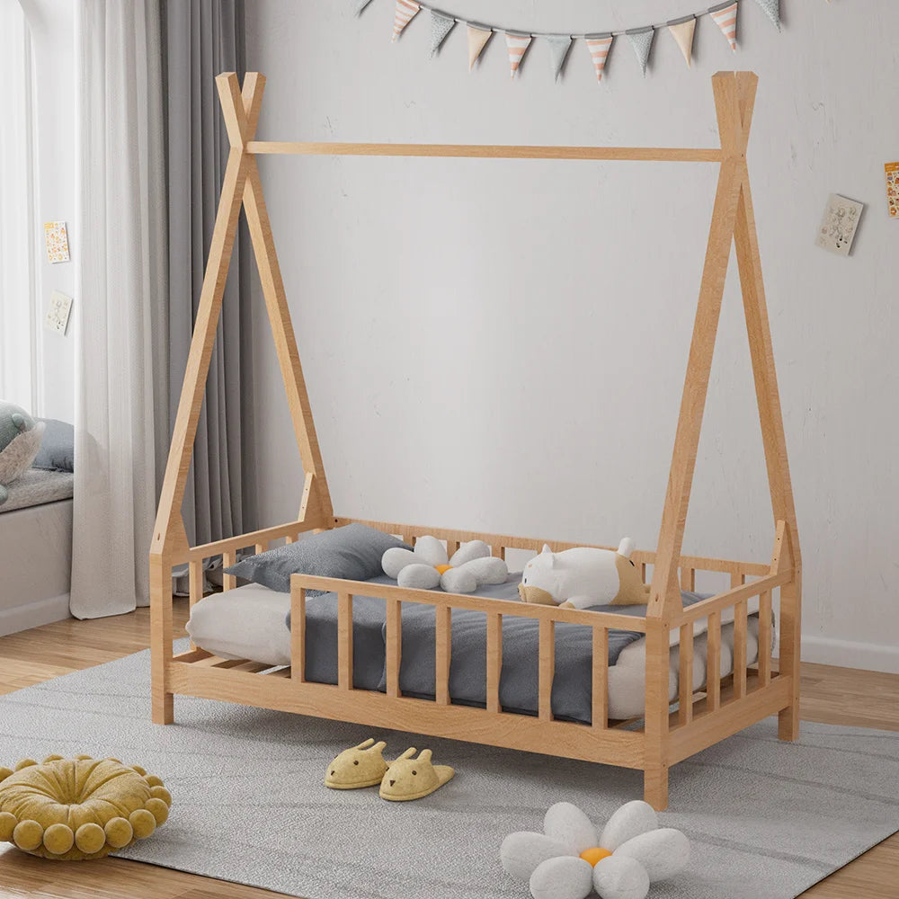 Premium wood kid's house bed frame with fence