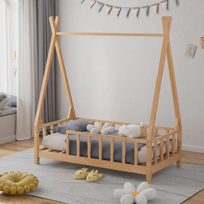 Premium wood kid's house bed frame with fence