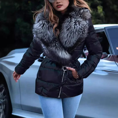 Women's glossy big fur collar cotton-padded coat