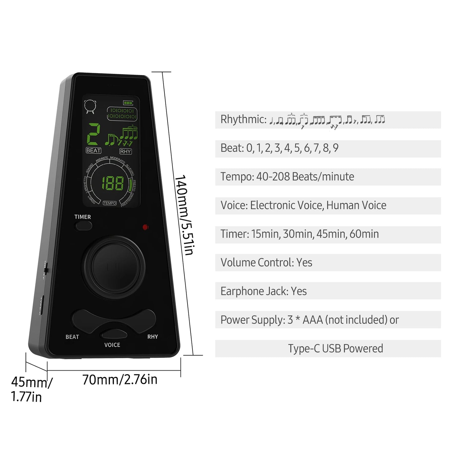 Electronic digital metronome with timer