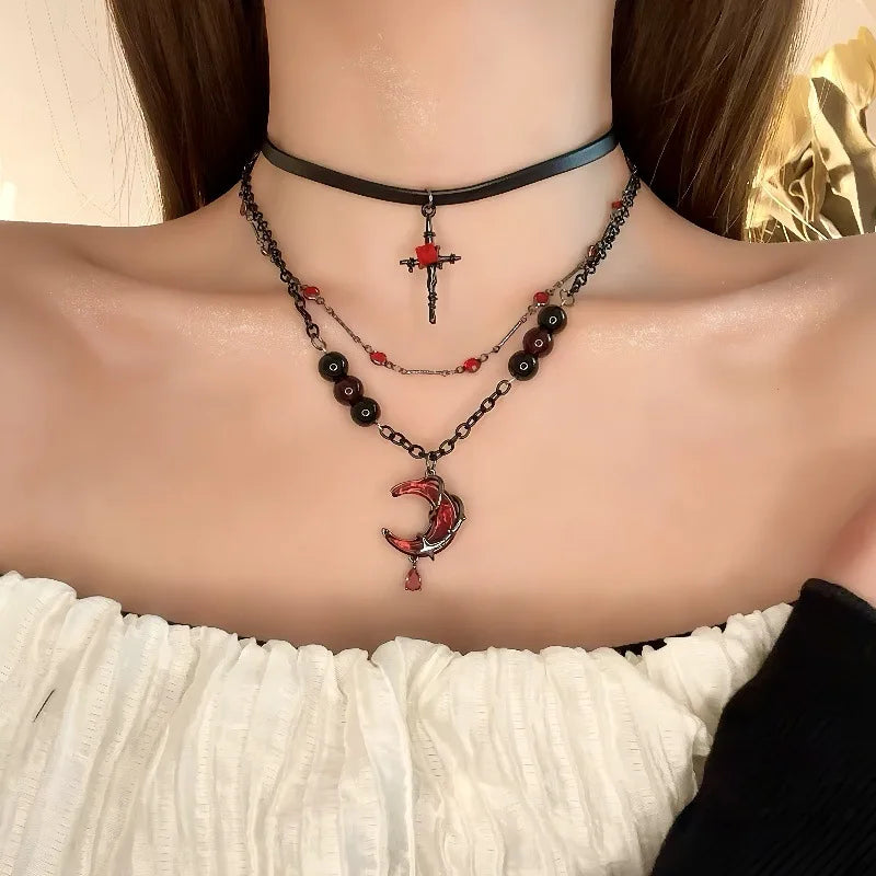 Punk Crystal Cross Moon Pendent Necklace