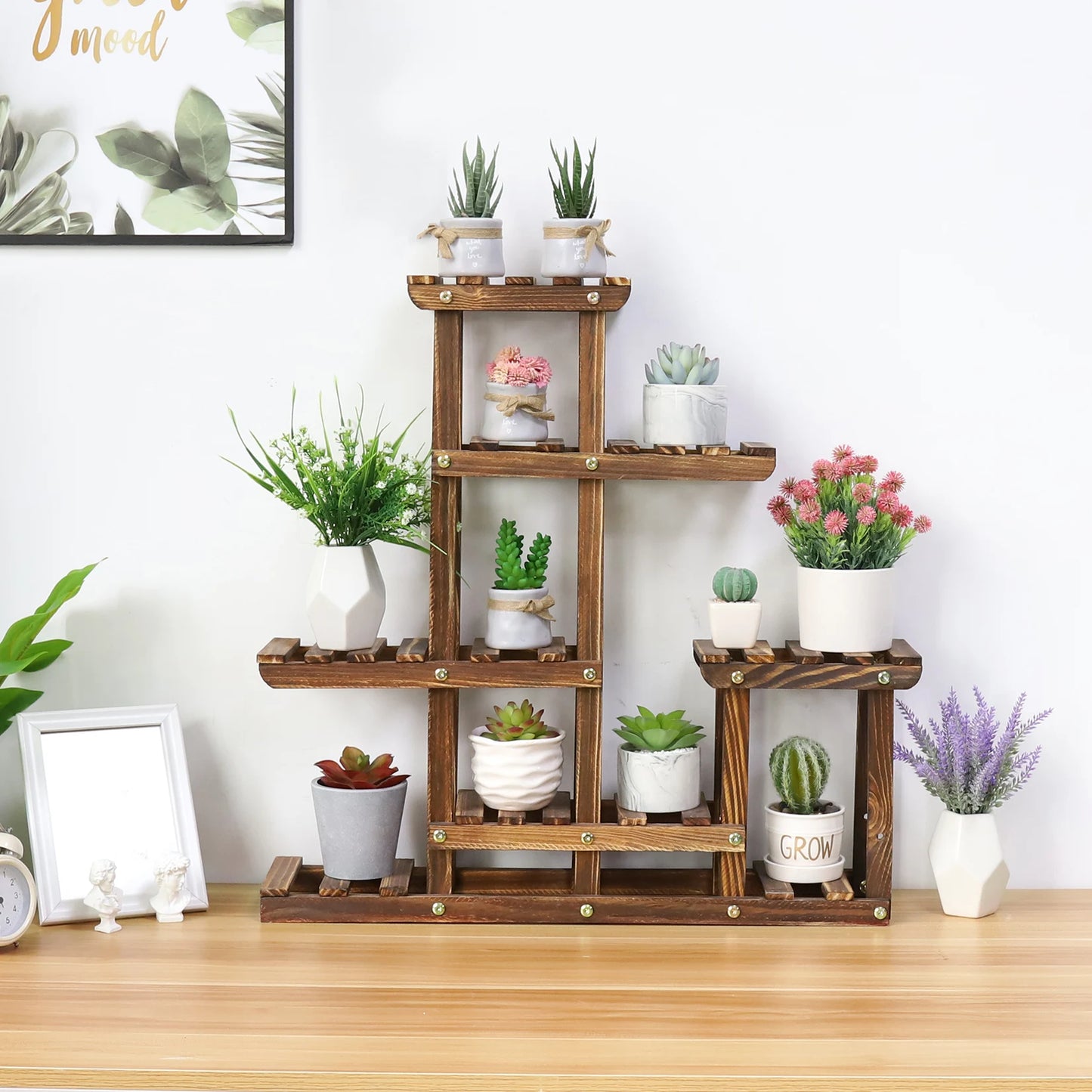 Indoor outdoor wood plant shelves