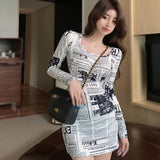 Newspaper Print Square Collar Dress