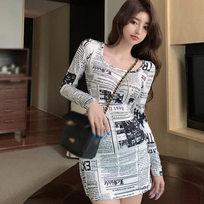 Newspaper Print Square Collar Dress
