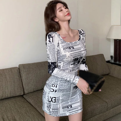 Newspaper Print Square Collar Dress