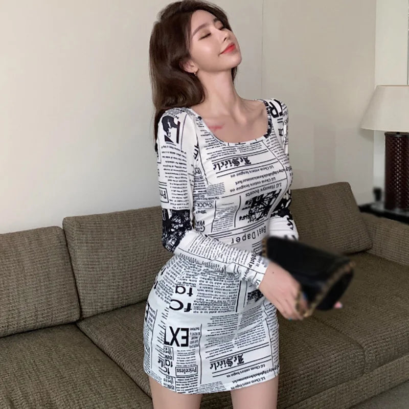 Newspaper Print Square Collar Dress