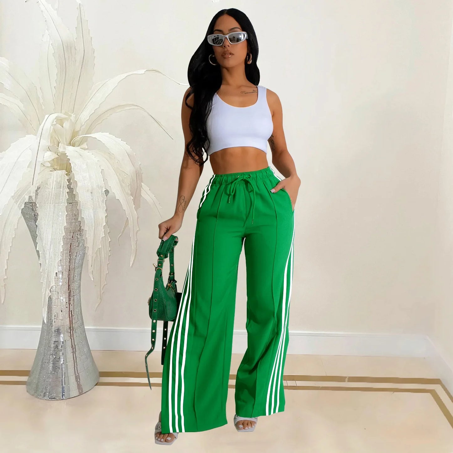 High waist stripe patchwork lace up pants