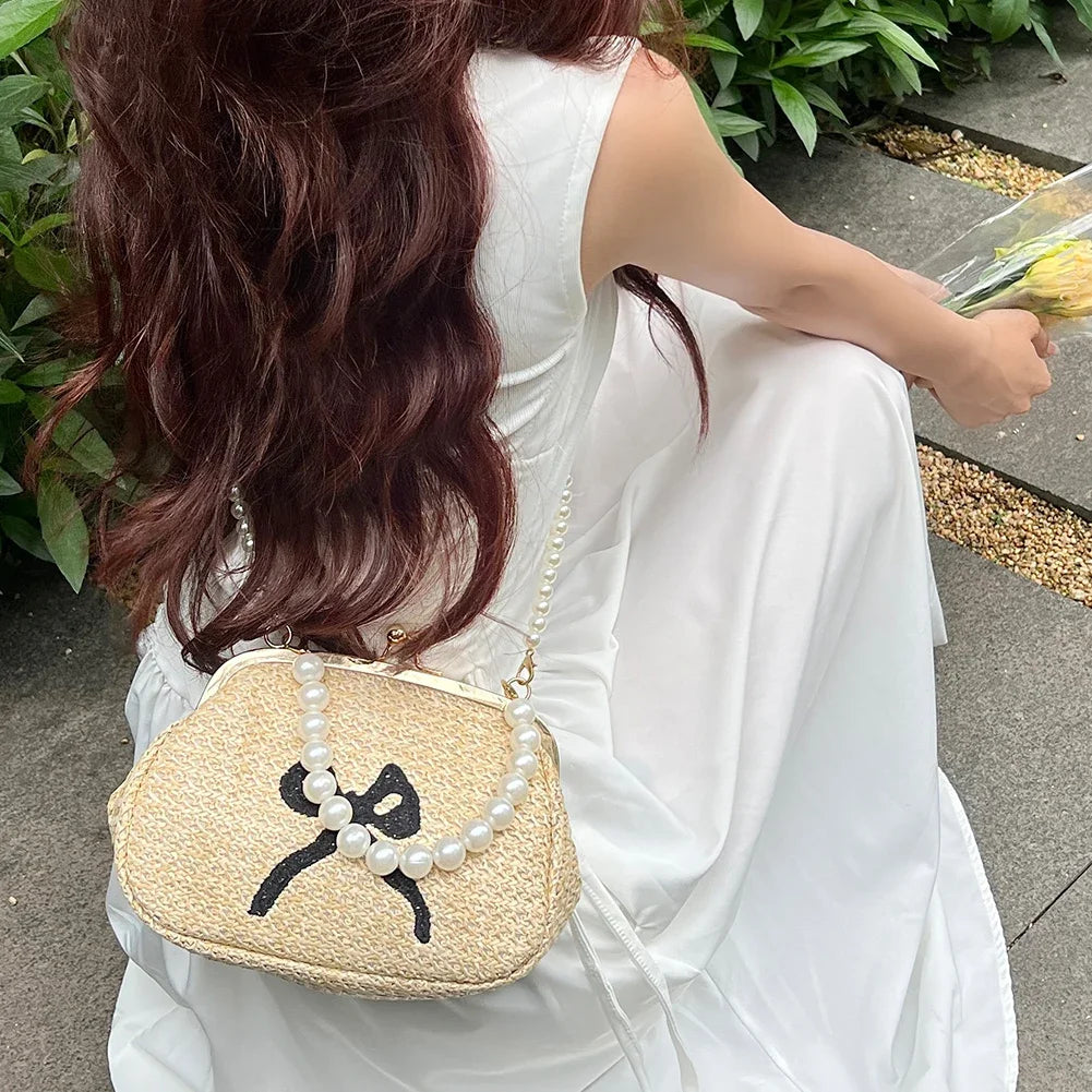 Summer straw pearl chain clutch luxury top hand bag