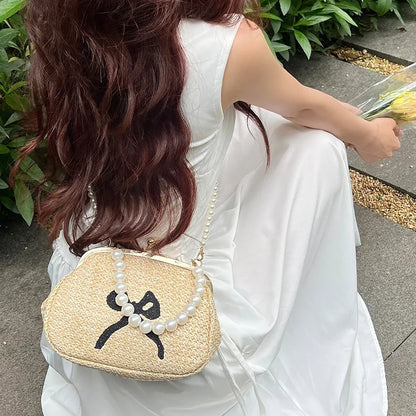 Summer straw pearl chain clutch luxury top hand bag