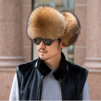 Winter men's fox fur bomber hat