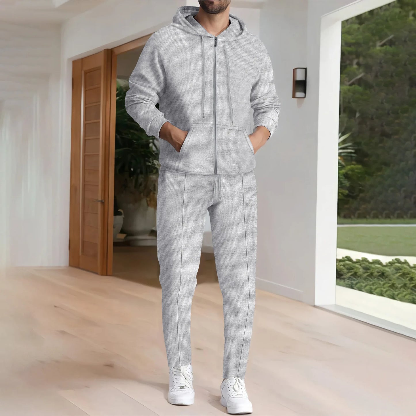 Men's plain waffle long sleeve pants suit