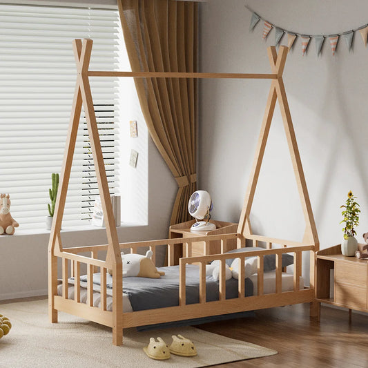 Premium wood kid's house bed frame with fence