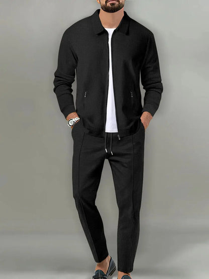 Men's plain waffle long sleeve pants suit