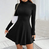 Long Sleeve High Waisted Flare Hem Casual Dress