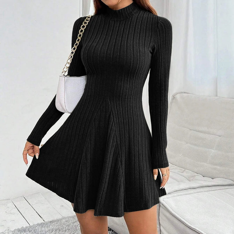 Long Sleeve High Waisted Flare Hem Casual Dress