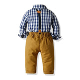 Long Sleeve Plaid Bowtie Tops+Suspender Pants Set