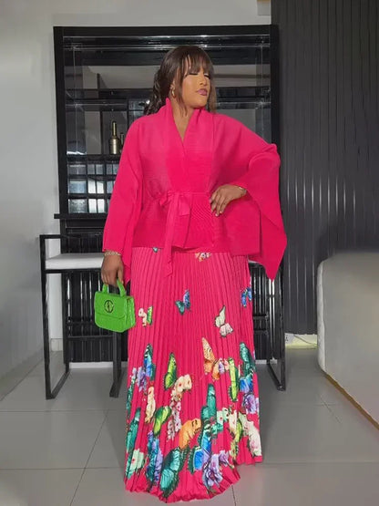 Pleated top + print long skirt sets plus size outfit