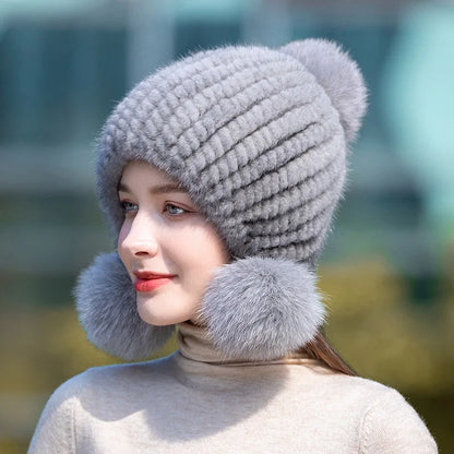 Winter knitted real mink fur hat
