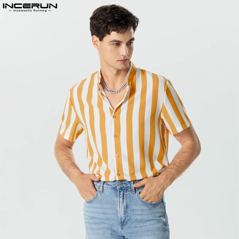 Striped Stand Collar Short Sleeve Summer Shirt