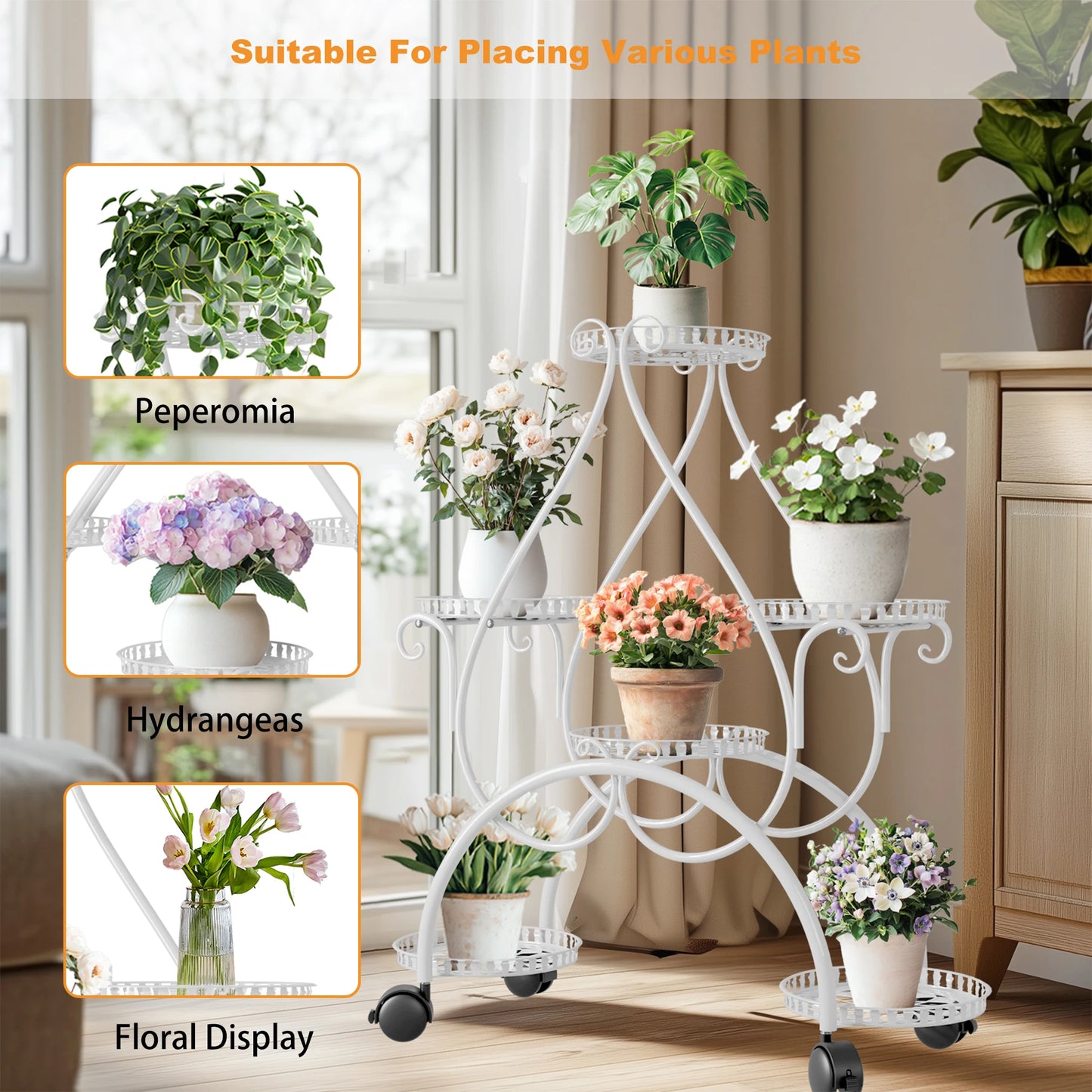 Indoor outdoor tall plant rack with rolling wheels