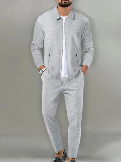 Men's plain waffle long sleeve pants suit