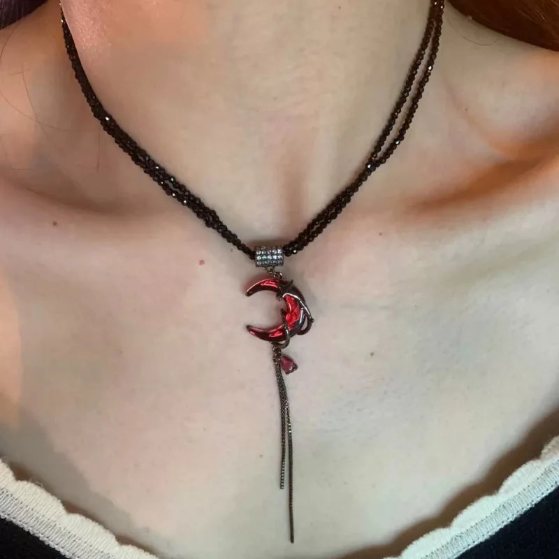 Punk Crystal Cross Moon Pendent Necklace