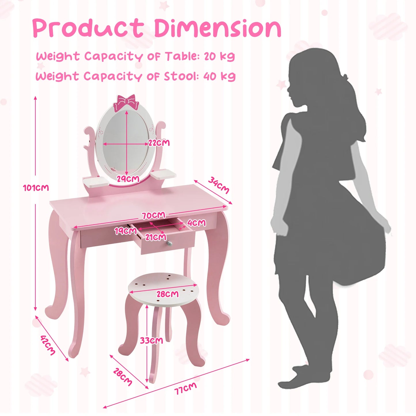 2-in-1 kids vanity table set