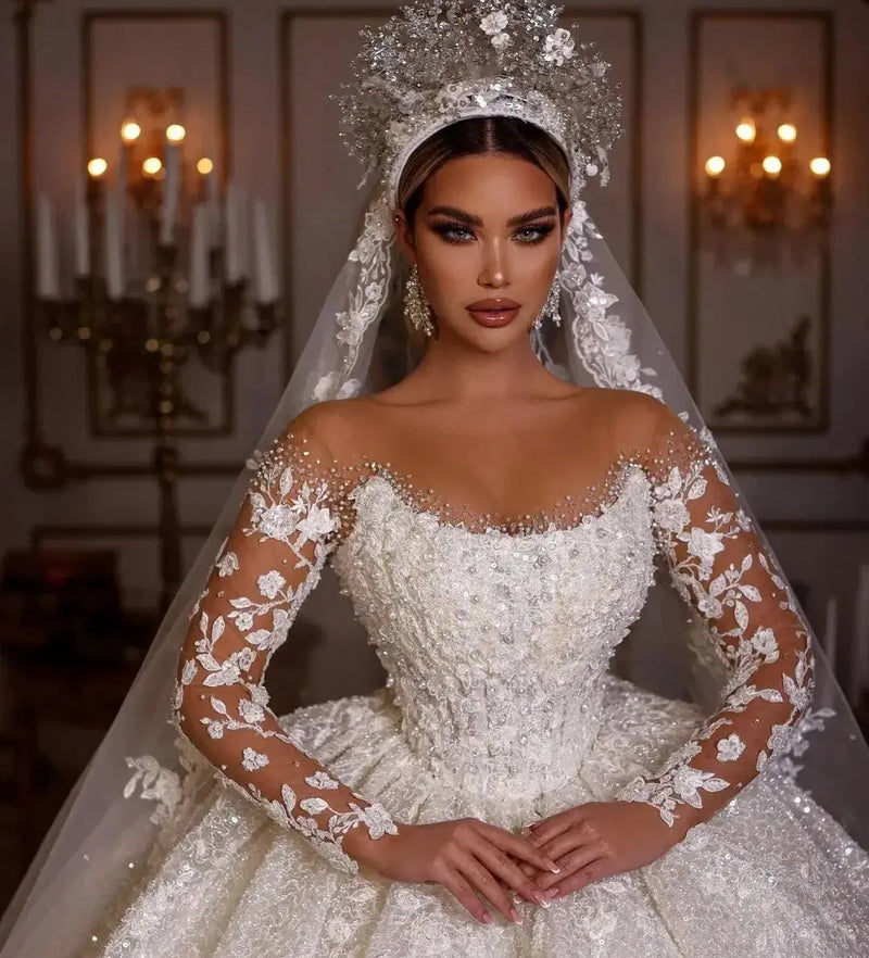 Long Sleeves Sequins Beads Luxury Wedding Dress