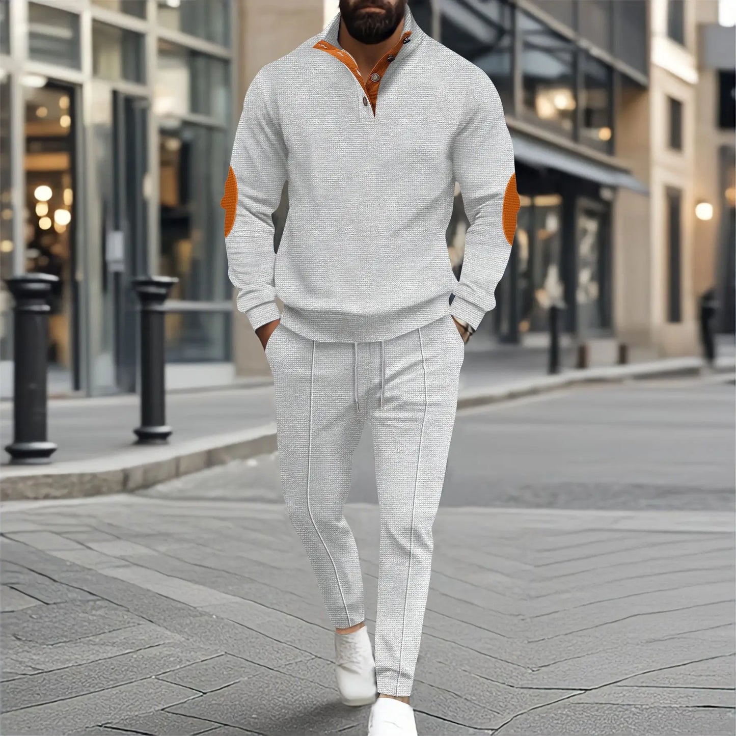 Men's plain waffle long sleeve pants suit