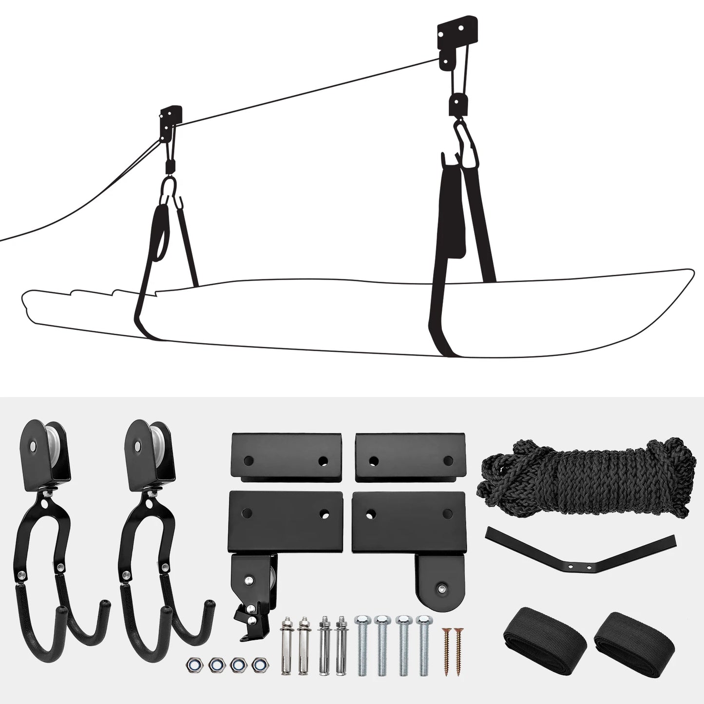 Kayak lift hanging pulley system