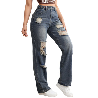 High waist button design ripped vintage jeans