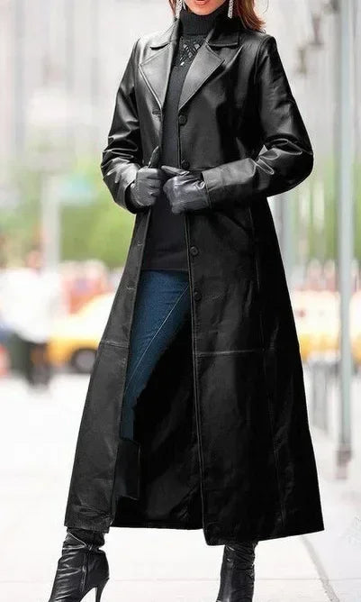 Fashion button leather long-cut coat