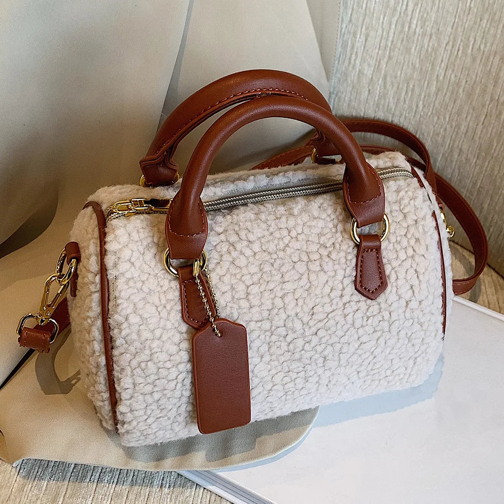 Ladies plush top handle clutch handbag