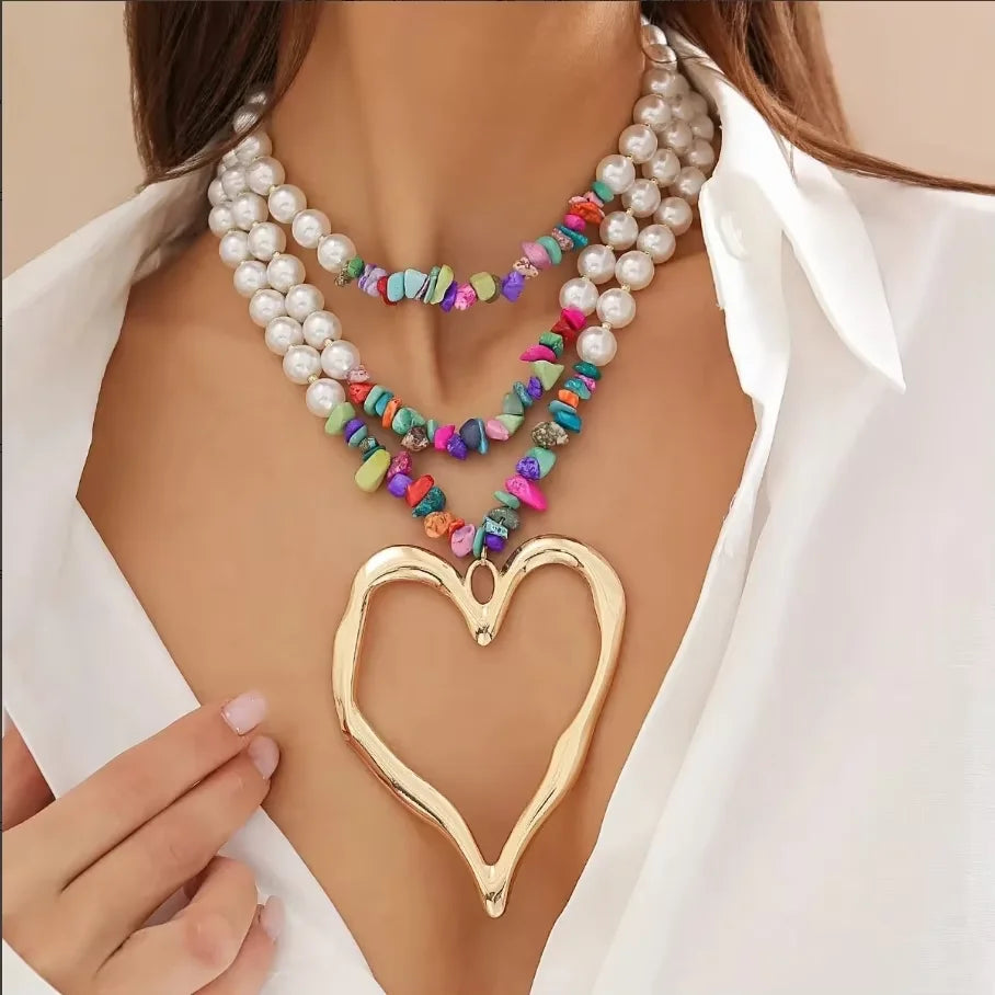 Multilayered Big Heart Pendant Choker Necklace