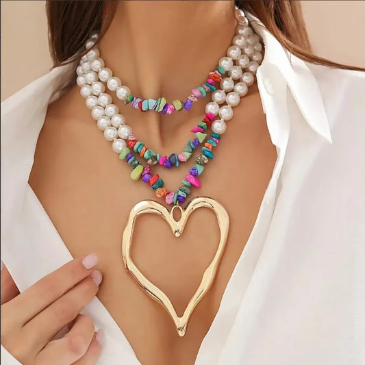 Multilayered Big Heart Pendant Choker Necklace