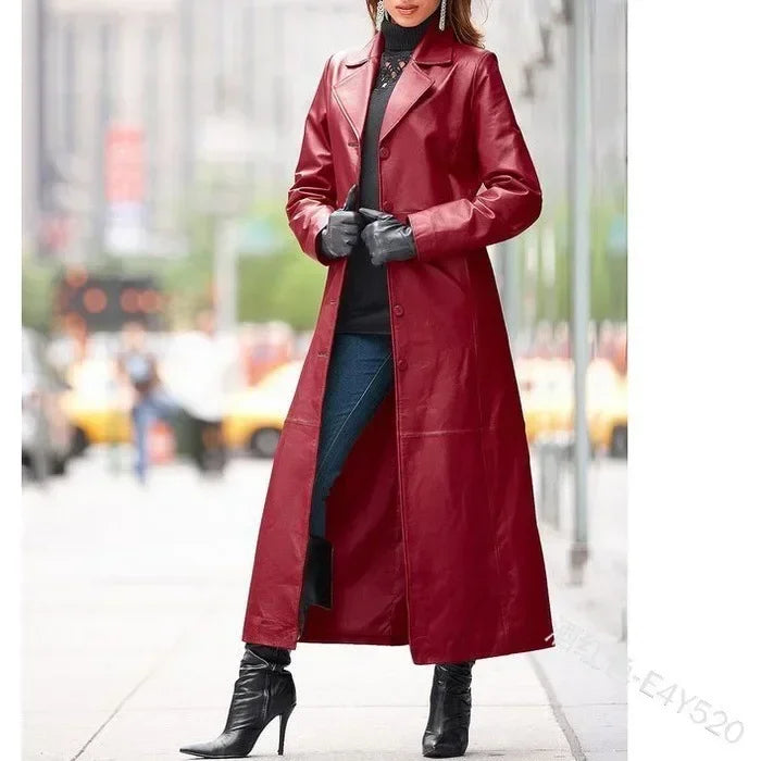 Fashion button leather long-cut coat