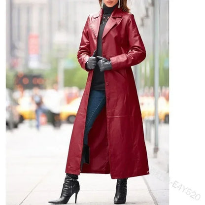 Fashion button leather long-cut coat