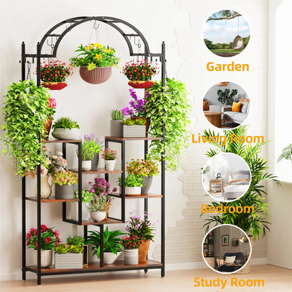 Arched metal flower shelf with hanging hooks