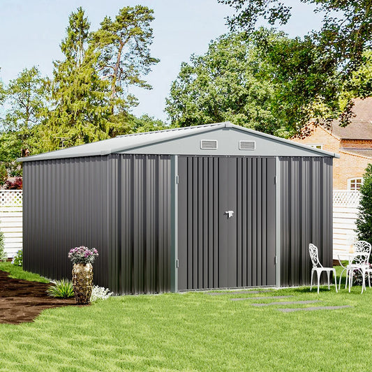Outdoor metal storage shed with floor frame base