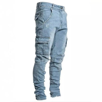 Multi pockets elastic denim jeans