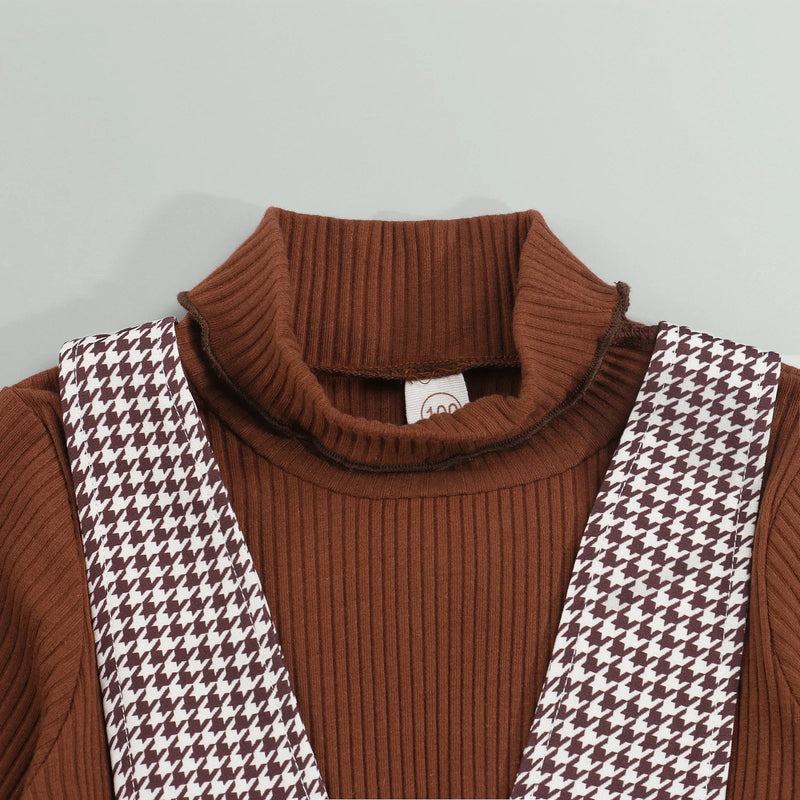 Solid Turtleneck Tops + Plaid Suspender Skirt Set