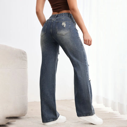 High waist button design ripped vintage jeans