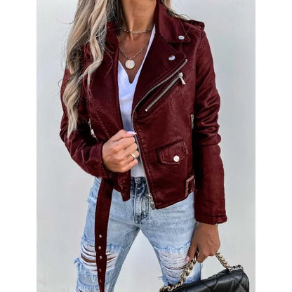 Women's long sleeve zipper pu leather jacket